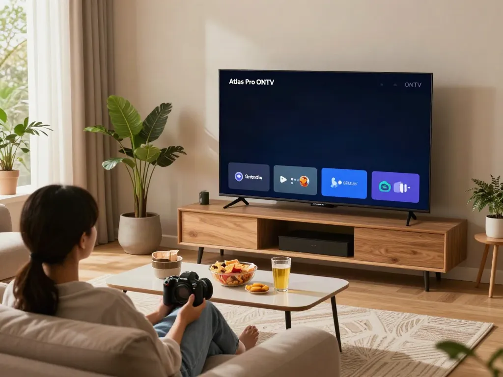 Expérience de divertissement avec l'application atlas pro ontv dans un salon moderne.