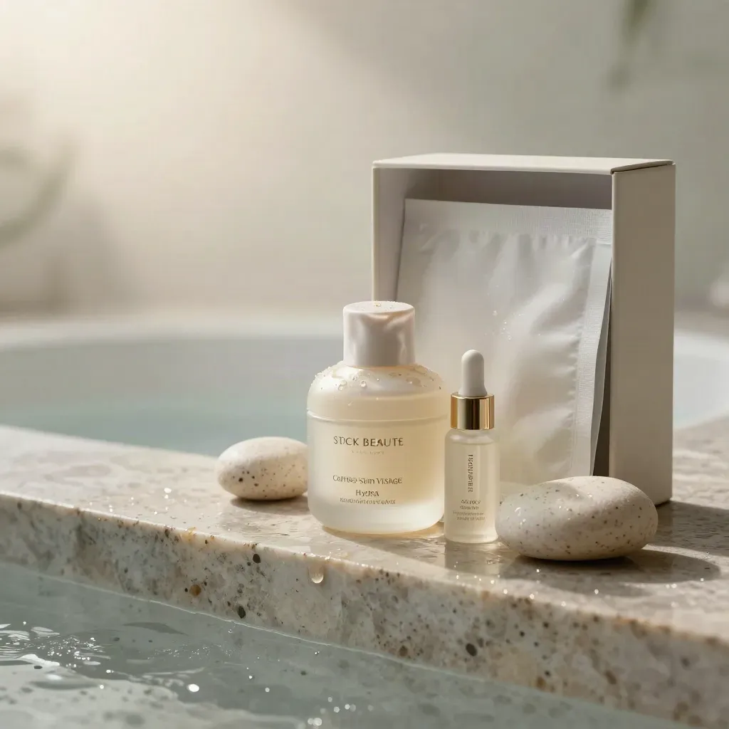 Coffret soin visage ivoire avec crème, sérum, masque tissu et galet de travertin humide.