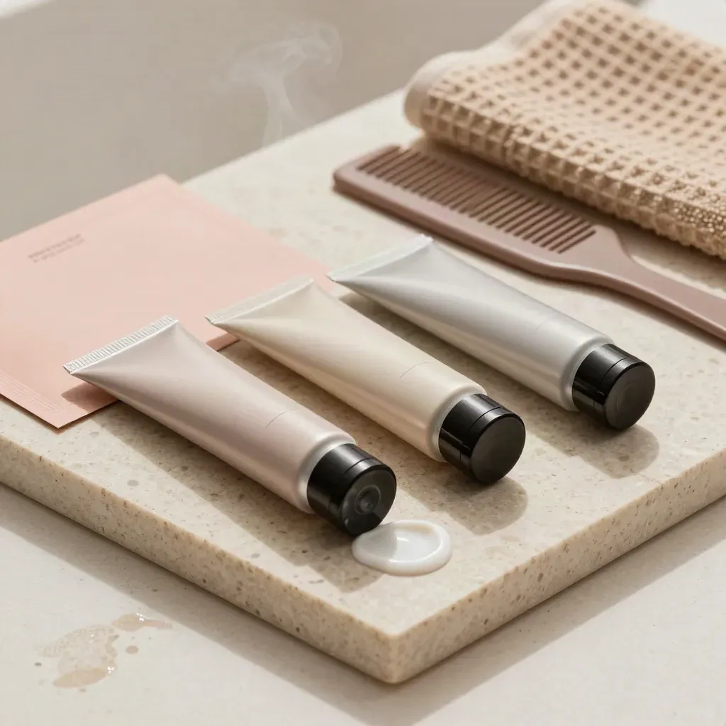 Trois masques capillaires sur travertin, vapeur légère, serviette gaufrée et peigne large.
