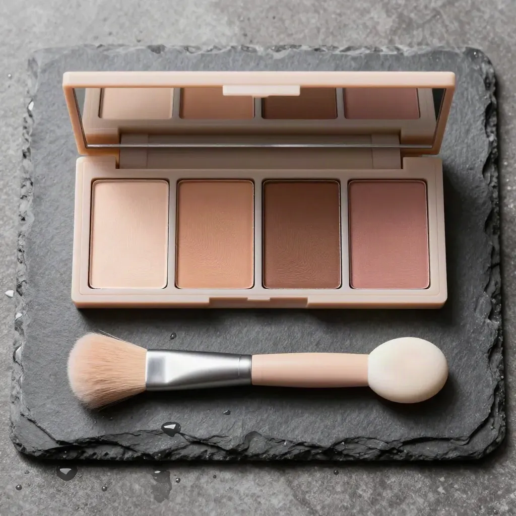 Palette nude ouverte sur pierre mouillée, avec pinceau, miroir discret et galet lisse.