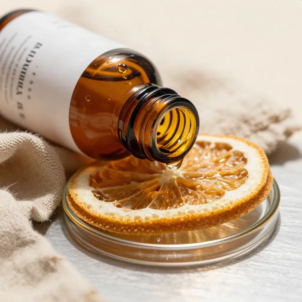 Flacon ambré de sérum vitamine C dans du lin froissé avec tranche d’agrume et coupelle en verre.