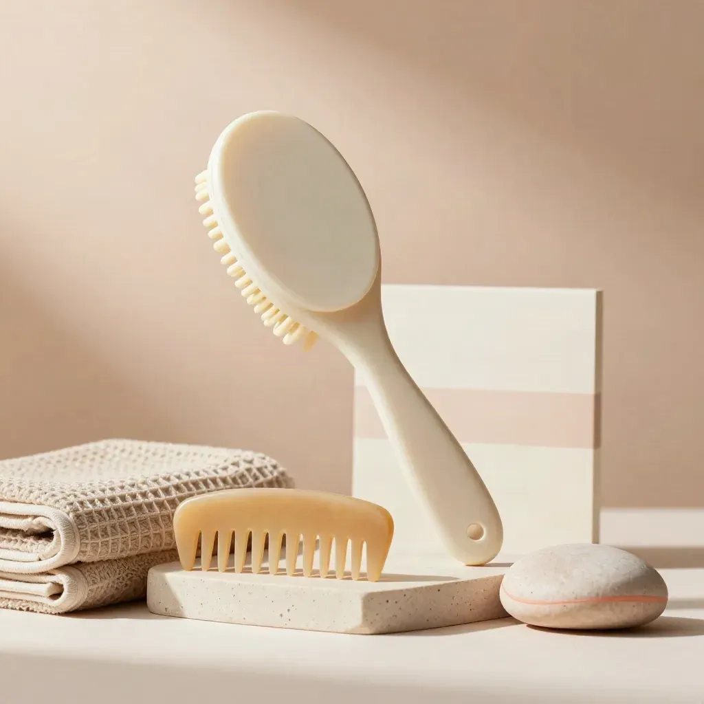 Brosse démêlante ivoire avec peigne, serviette gaufrée et pierre claire sur socle pâle.