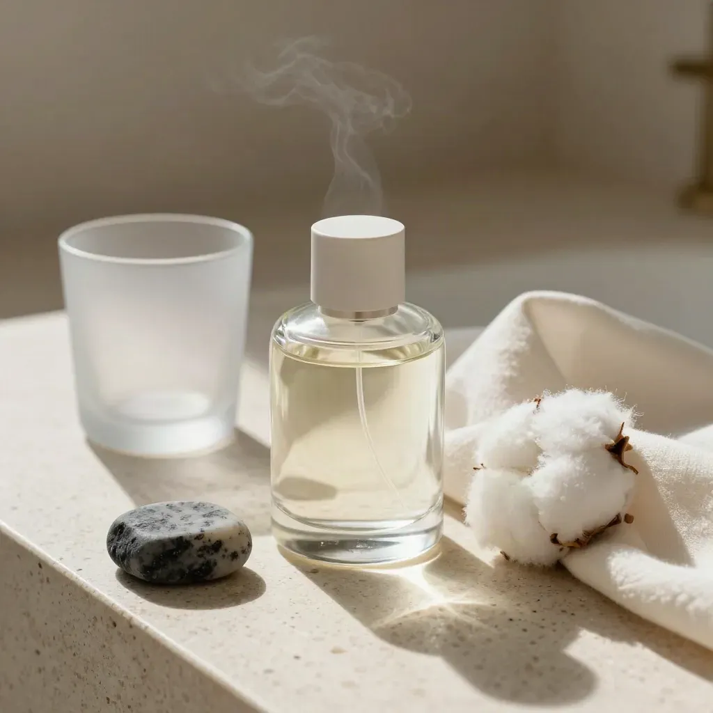 Flacon de parfum clair sur travertin avec linge de coton, verre dépoli et pierre de savon.
