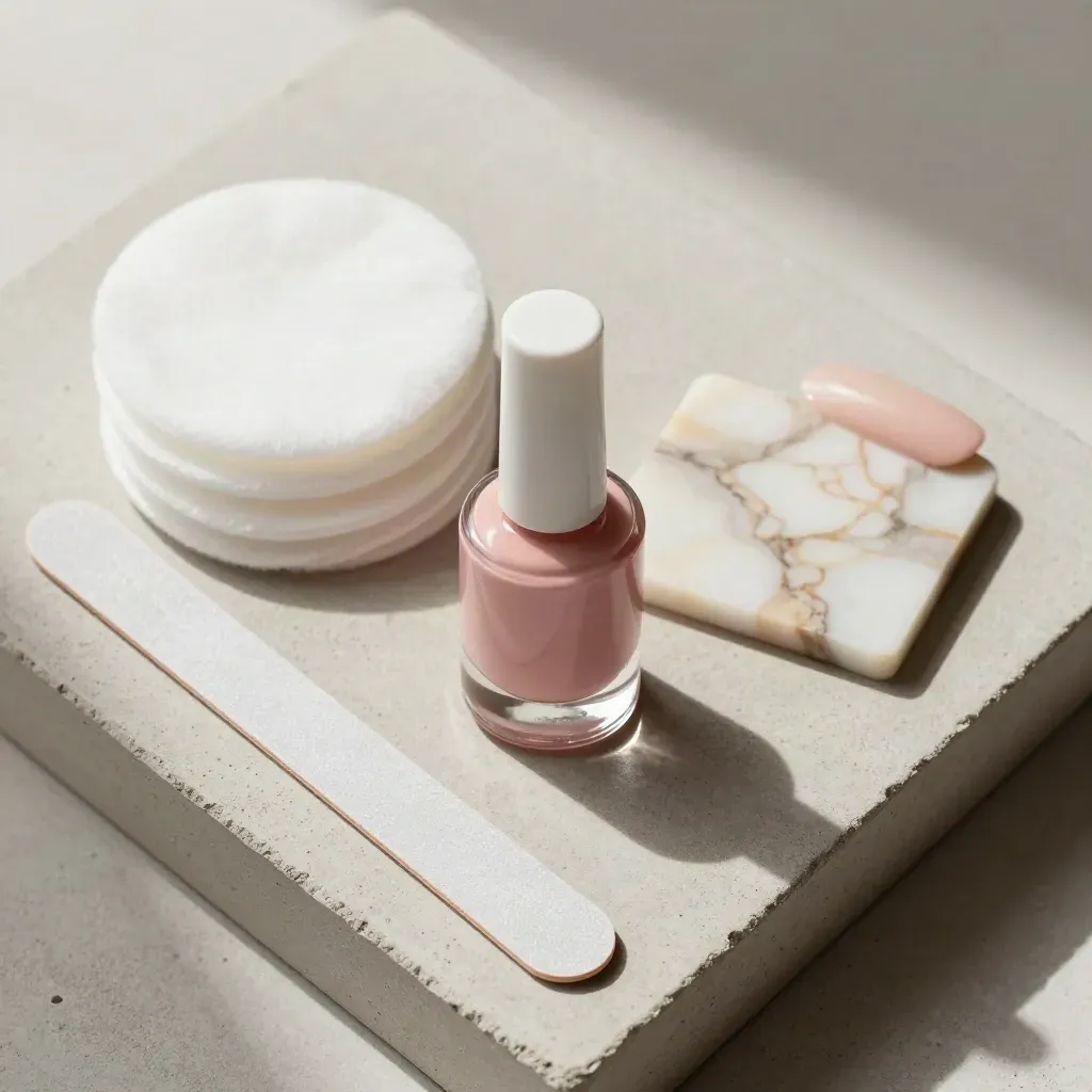 Vernis gel rose poudré, coton, lime nude et marbre sur béton clair vu du dessus