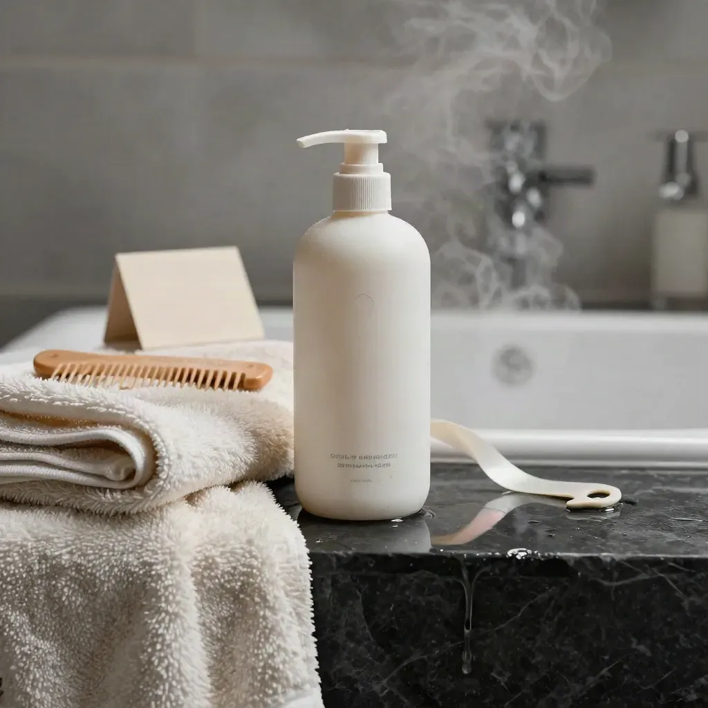 Flacon de shampooing réparateur blanc sur pierre humide avec serviette, peigne et vapeur.