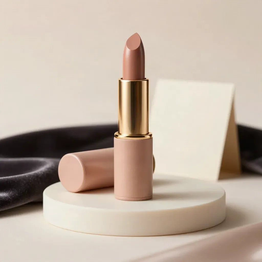 Rouge à lèvres satin nude sur socle ivoire, capuchon ouvert et velours sombre.