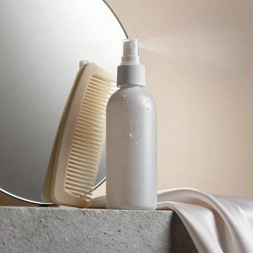 Flacon spray brillance cheveux, peigne large, miroir fumé et tissu perle en gros plan.