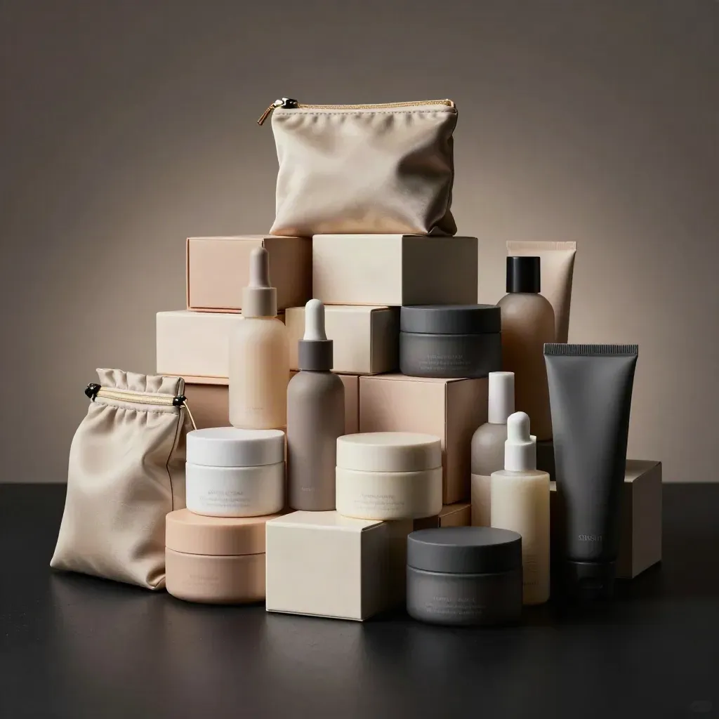 Assortiment de lots pro beauté neutres, boîtes, flacons et sachets empilés sur fond sombre.