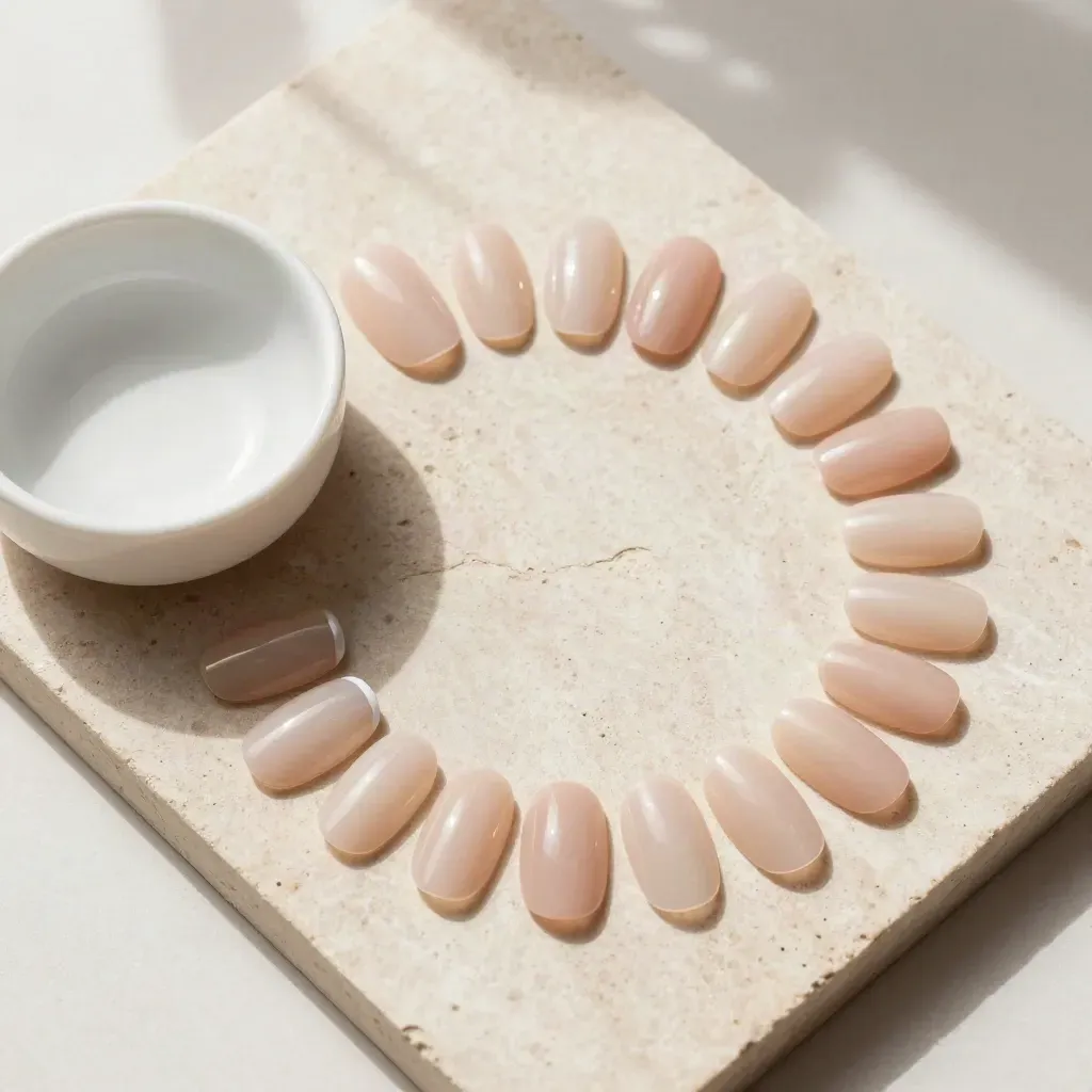 Pack d’ongles gel French en éventail avec coupelle ivoire sur pierre claire