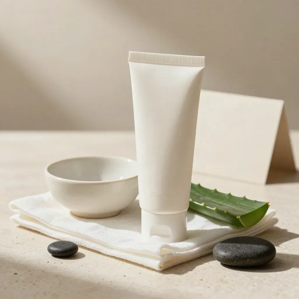 Tube de crème visage Cica blanc avec aloe, gaze et bol en céramique sur travertin.