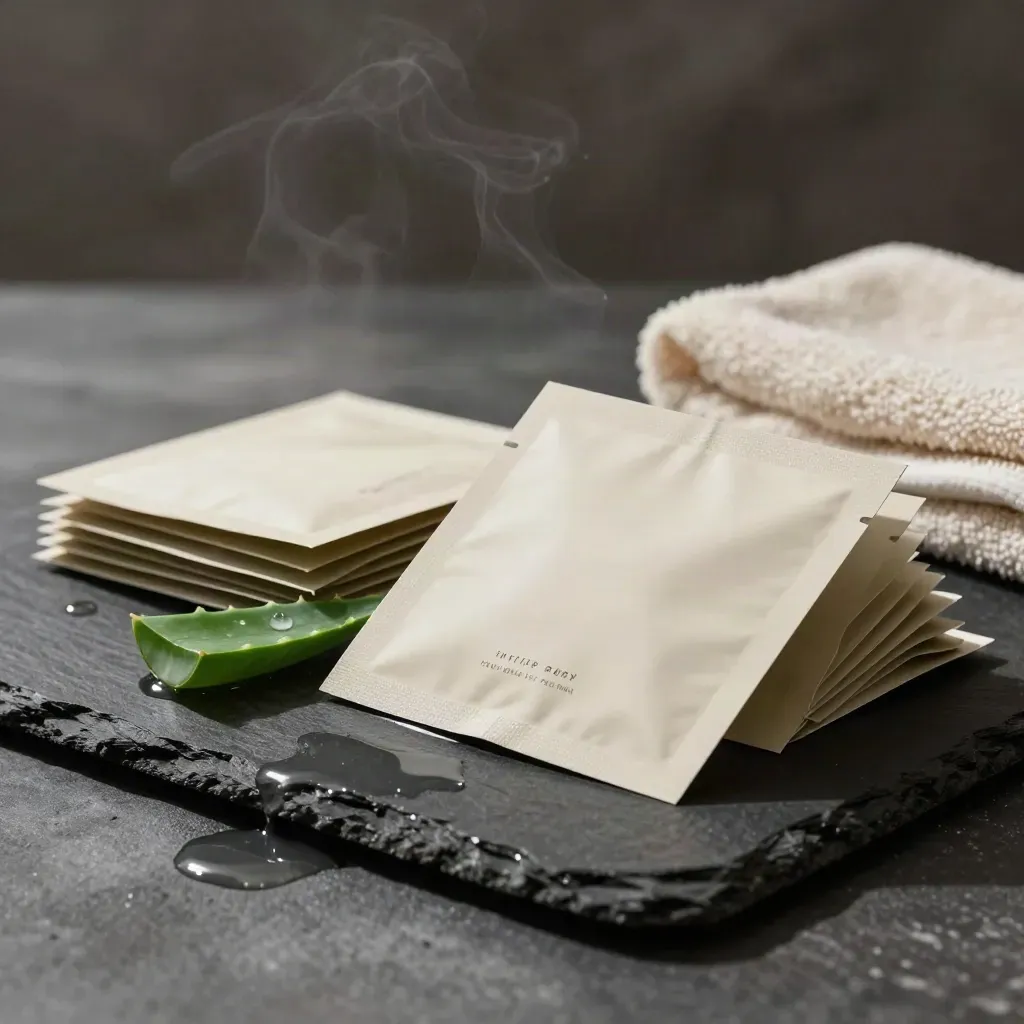 Boîte de masque tissu aloe, sachet ouvert, feuille d’aloe, serviette et eau sur fond sombre.