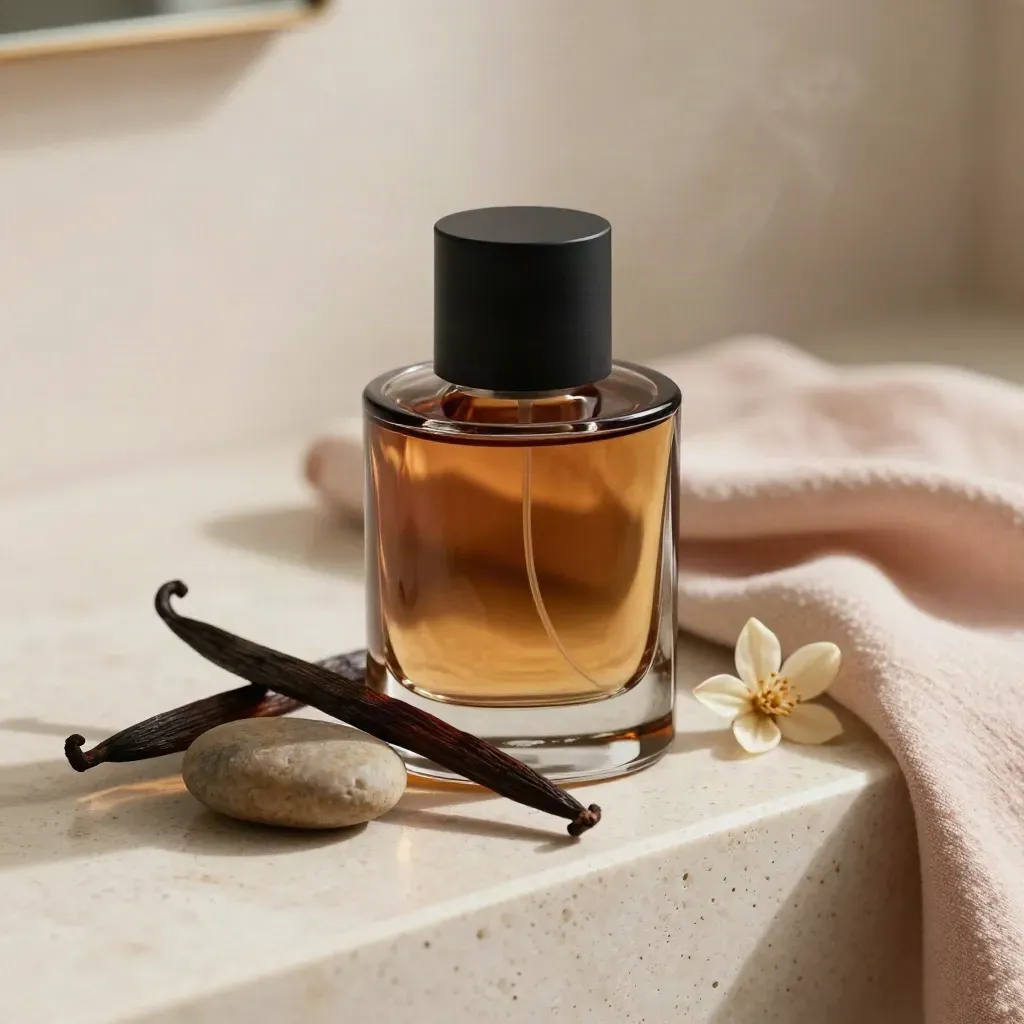 Flacon de parfum ambré, gousse de vanille, pierre chaude et fleur séchée sur travertin.
