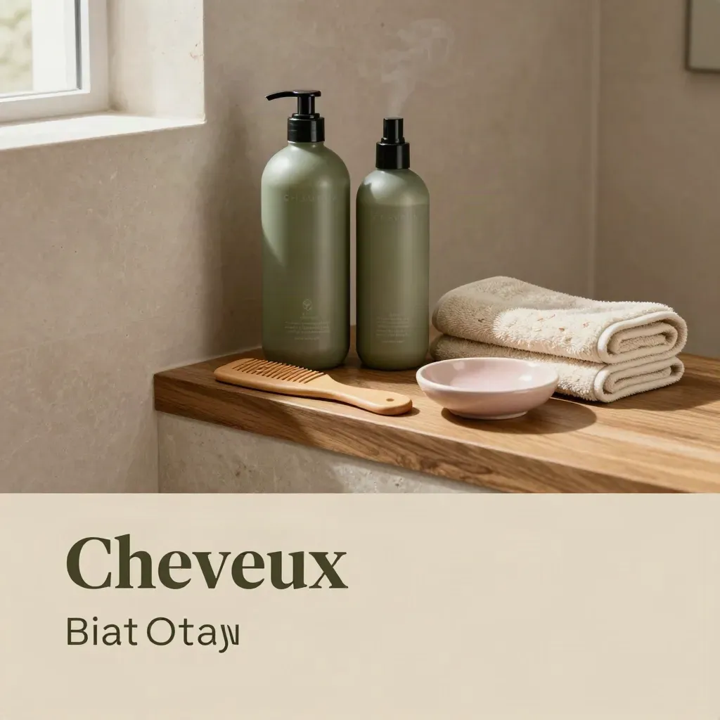 Coin salle de bain chaleureux avec shampoing, peigne en bois et vapeur douce sur bois blond.